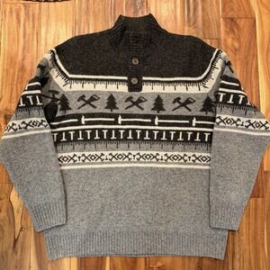 Duluth Trading Sweater Mens Large 100% Shetland Wool Fair Isle Mock Ski Grey
